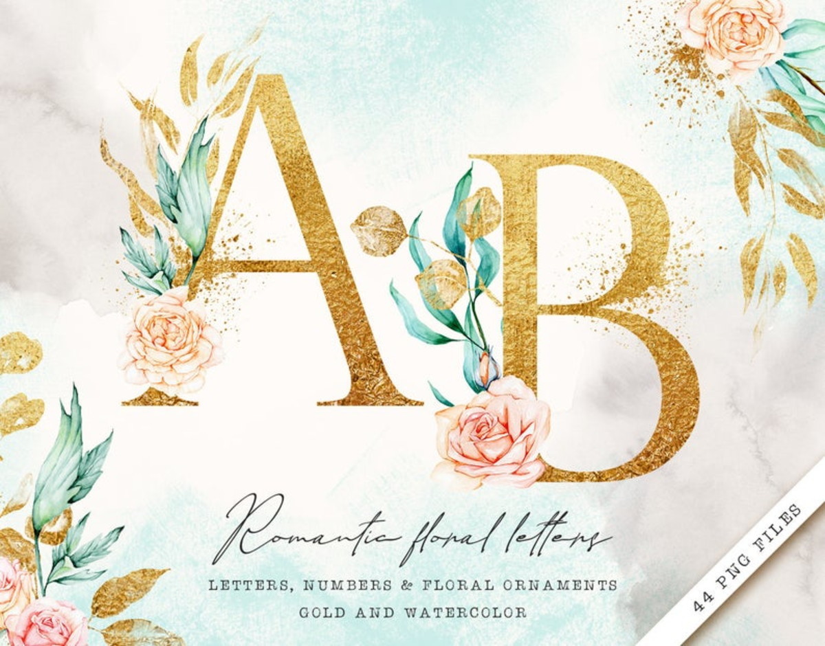 Kit Digital Alfabeto Floral Dourado Aquarela- 071