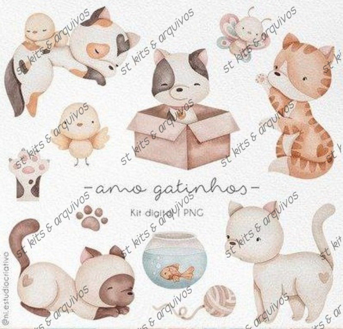 Kit Digital Amo Gatinhos em Aquarelas + Printables