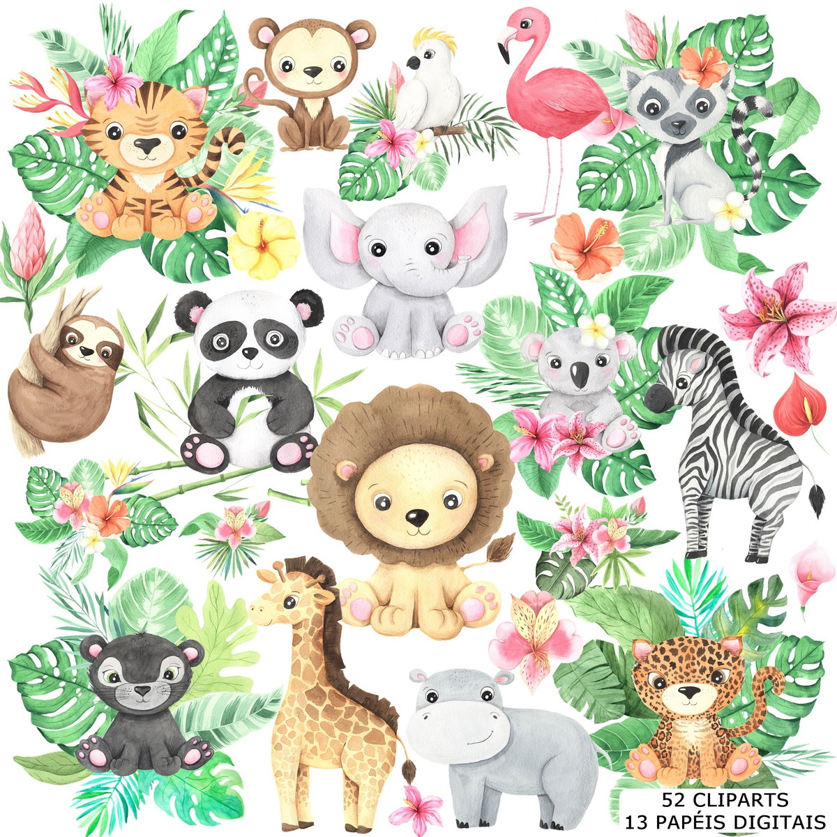 Kit Digital Animais Aquarela
