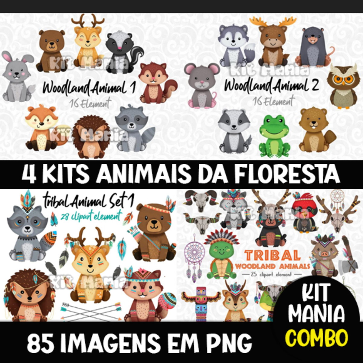 Kit Digital Animais da Floresta Aquarela - 4 Kits - Imagem 2