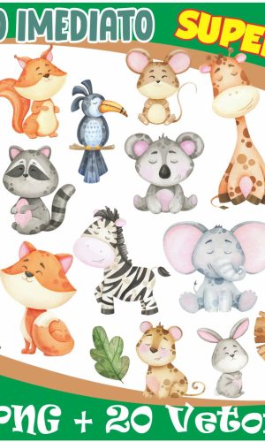 KIT DIGITAL ANIMAIS DA FLORESTA AQUARELA + VETORES