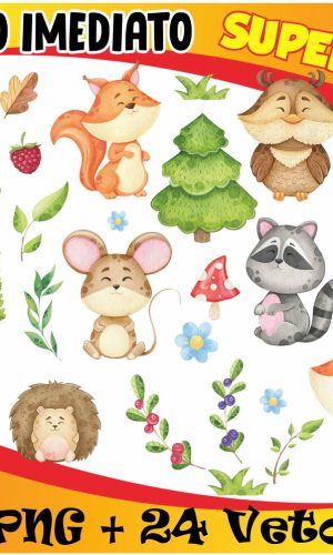 KIT DIGITAL ANIMAIS DO BOSQUE AQUARELA + VETORES