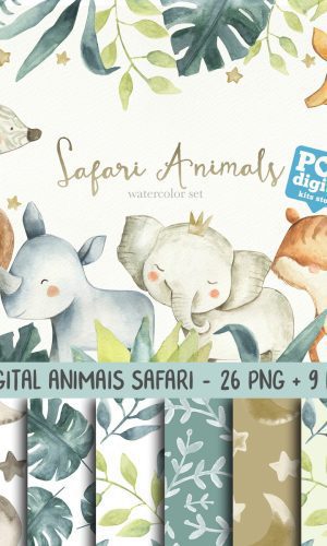 Kit Digital Animais Safari Aquarela