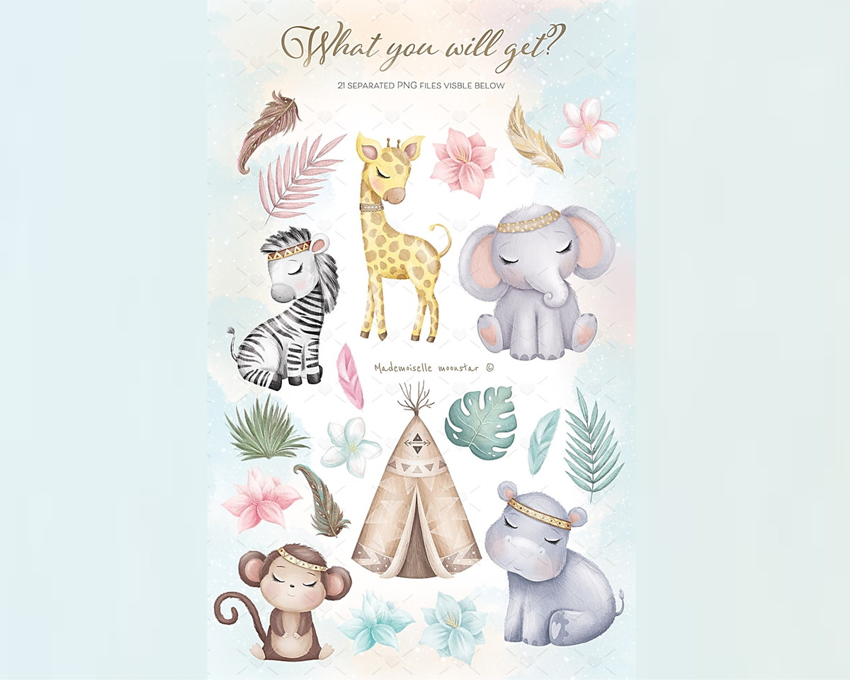 Kit Digital Animais Safari Boho Aquarelado - Imagem 2