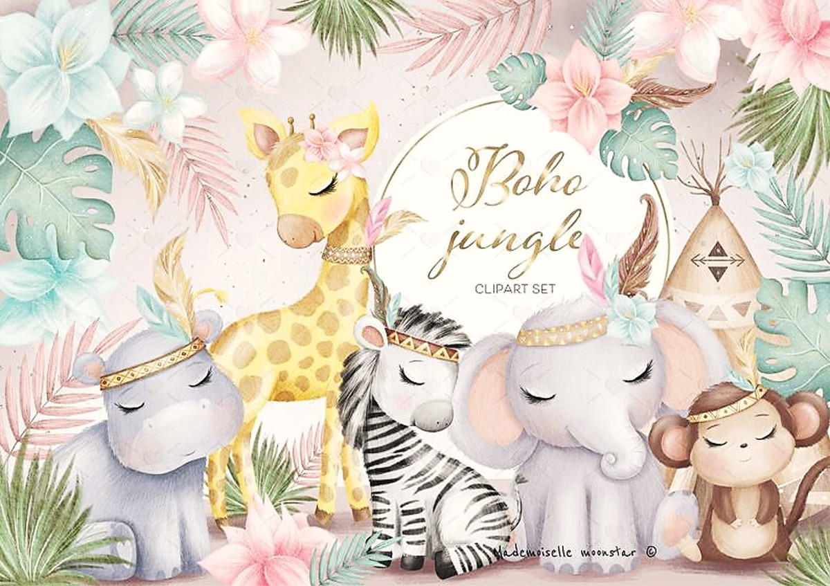 Kit Digital Animais Safari Boho Aquarelado