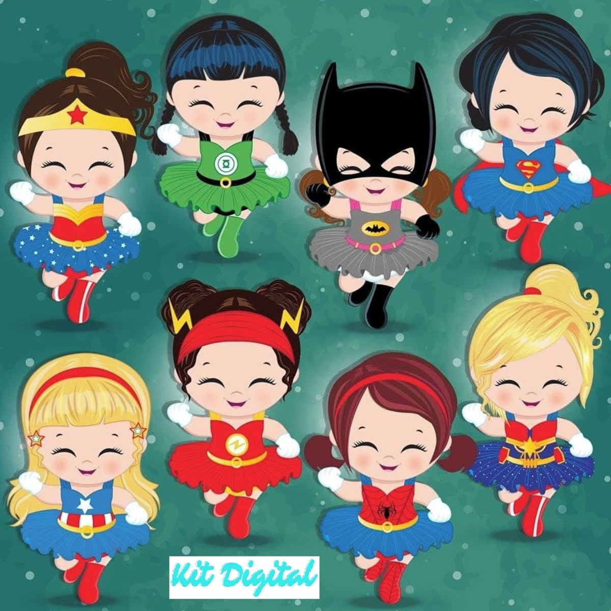 Kit Digital Aquarelado 8 Super Heróis Girls