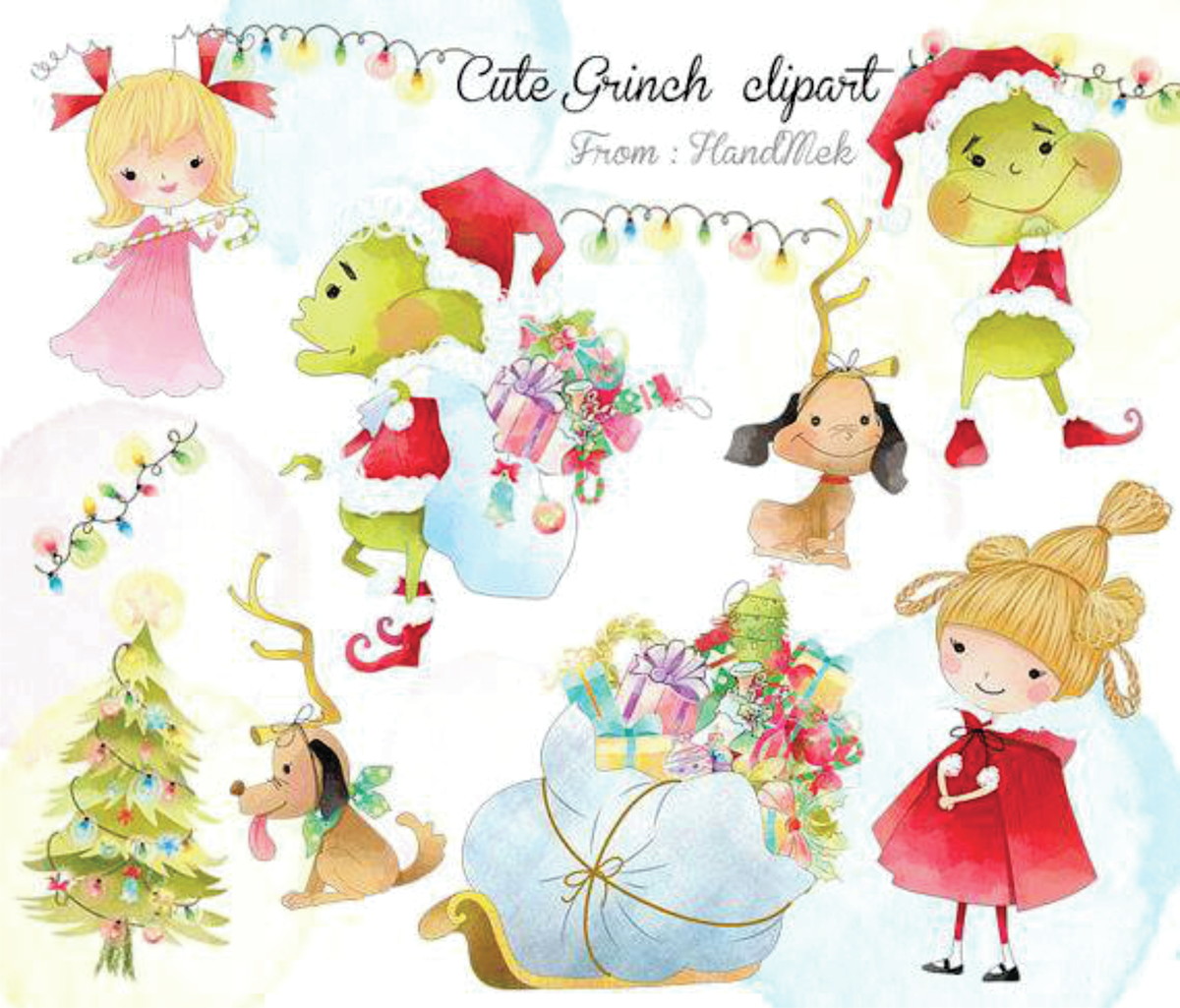 Kit digital aquarelado Natal - Grinch fofo