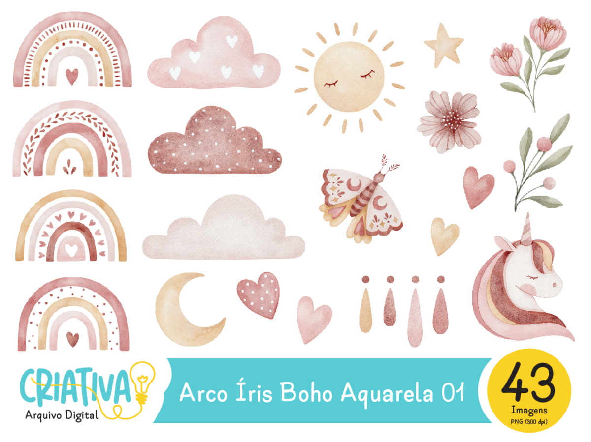 Kit Digital - Arco Íris Boho Aquarela 01