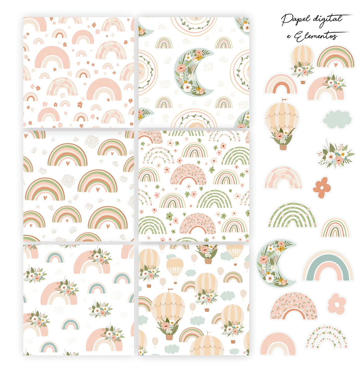 Kit Digital Arco Íris Encantado Boho Arquivo Digital