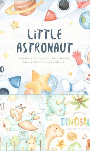 KIT DIGITAL ASTRONAUTA AQUARELA AVIÃO E DINOSSAUROS AQUARELA