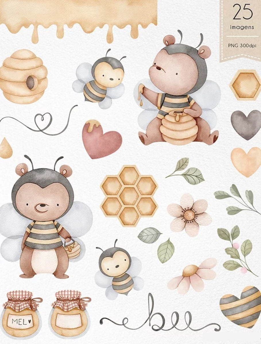 Kit Digital - Bee - Ursinho Abelhinha Aquarela - Imagem 3