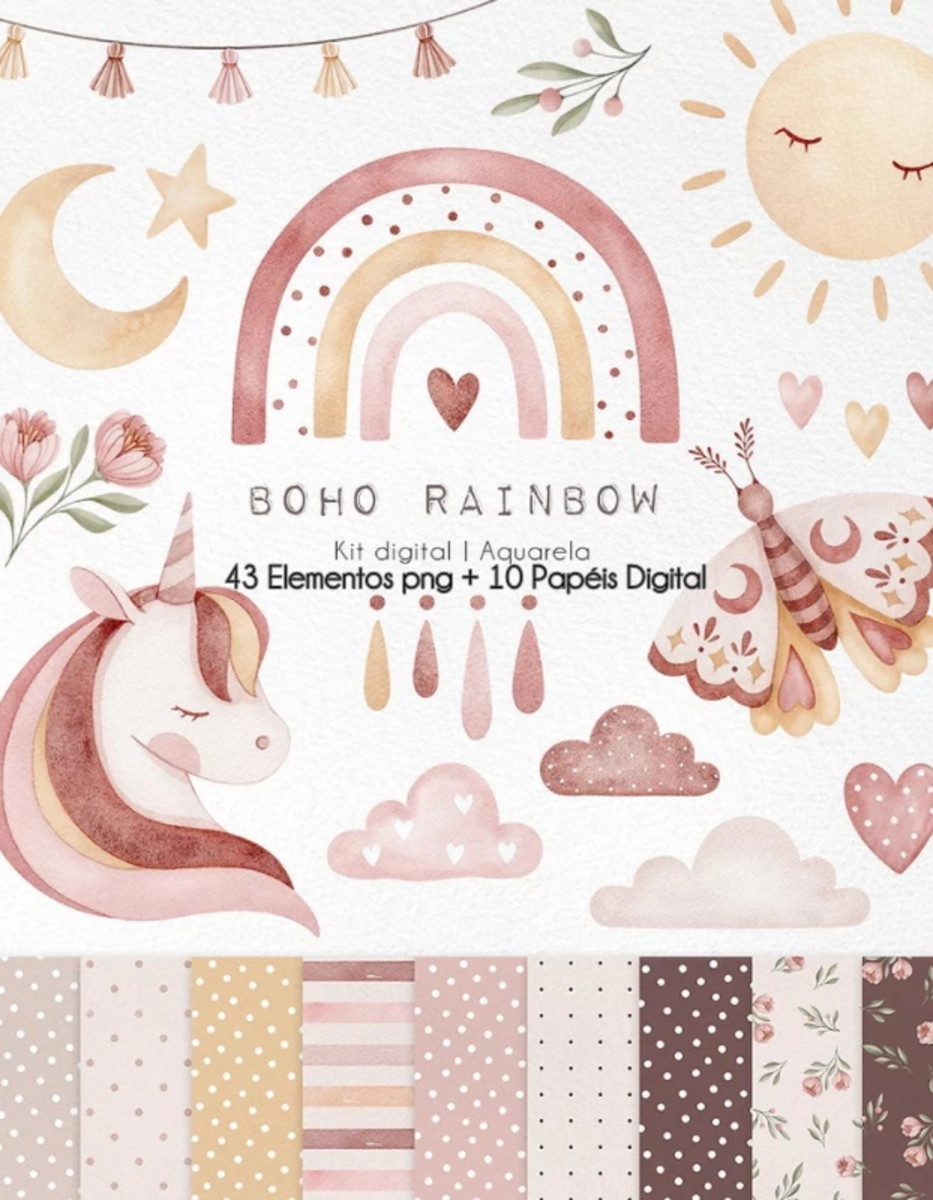 Kit Digital - Boho Rainbow Aquarela