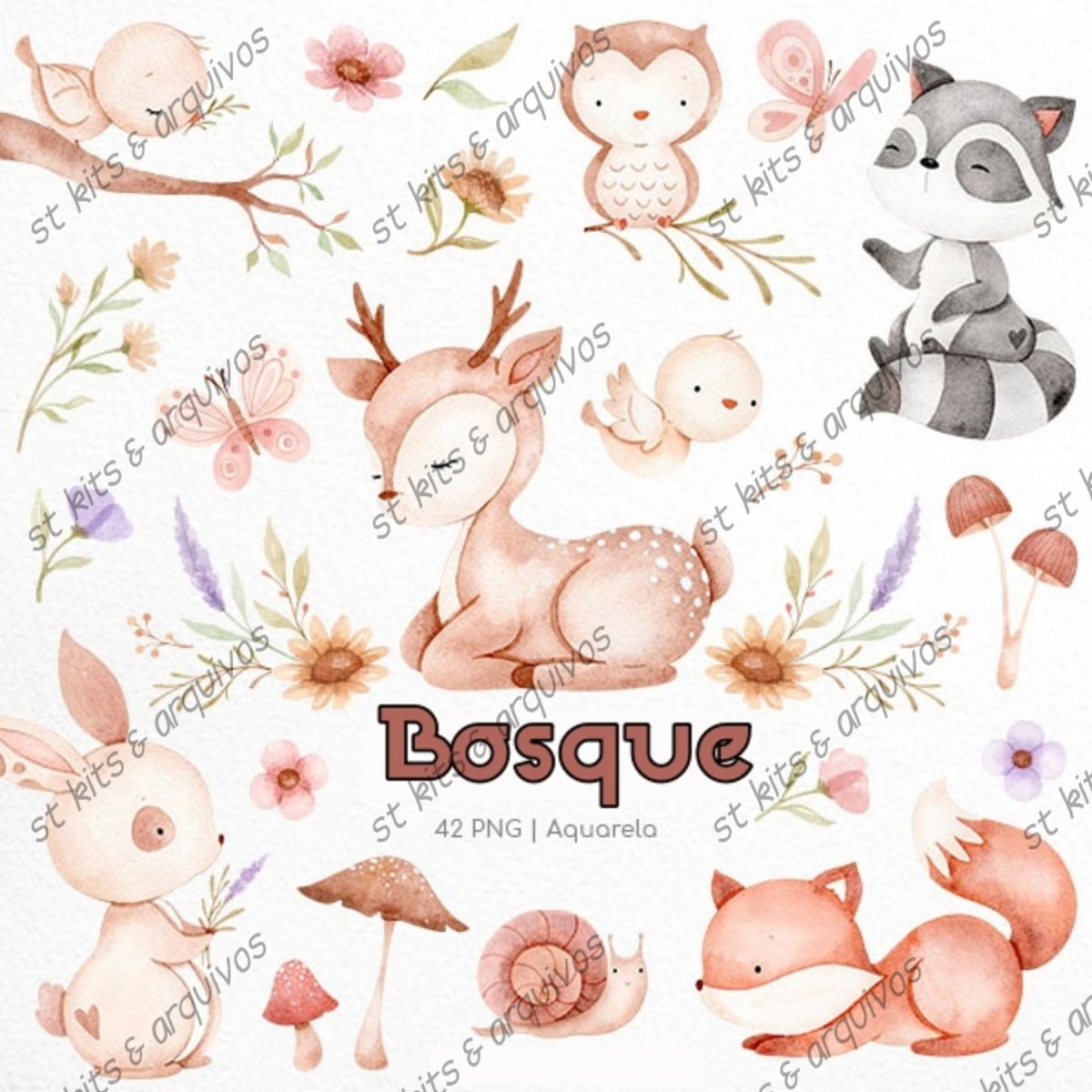 Kit Digital Bosque Em Aquarela