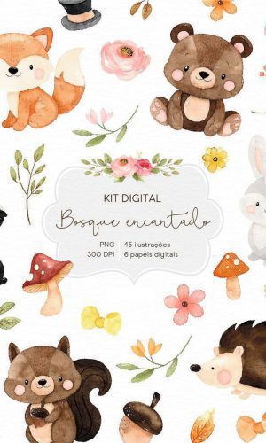 Kit Digital Bosque Encantado Animais Safari Aquarela