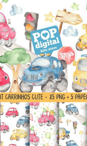 Kit Digital Carrinhos Cute Aquarela