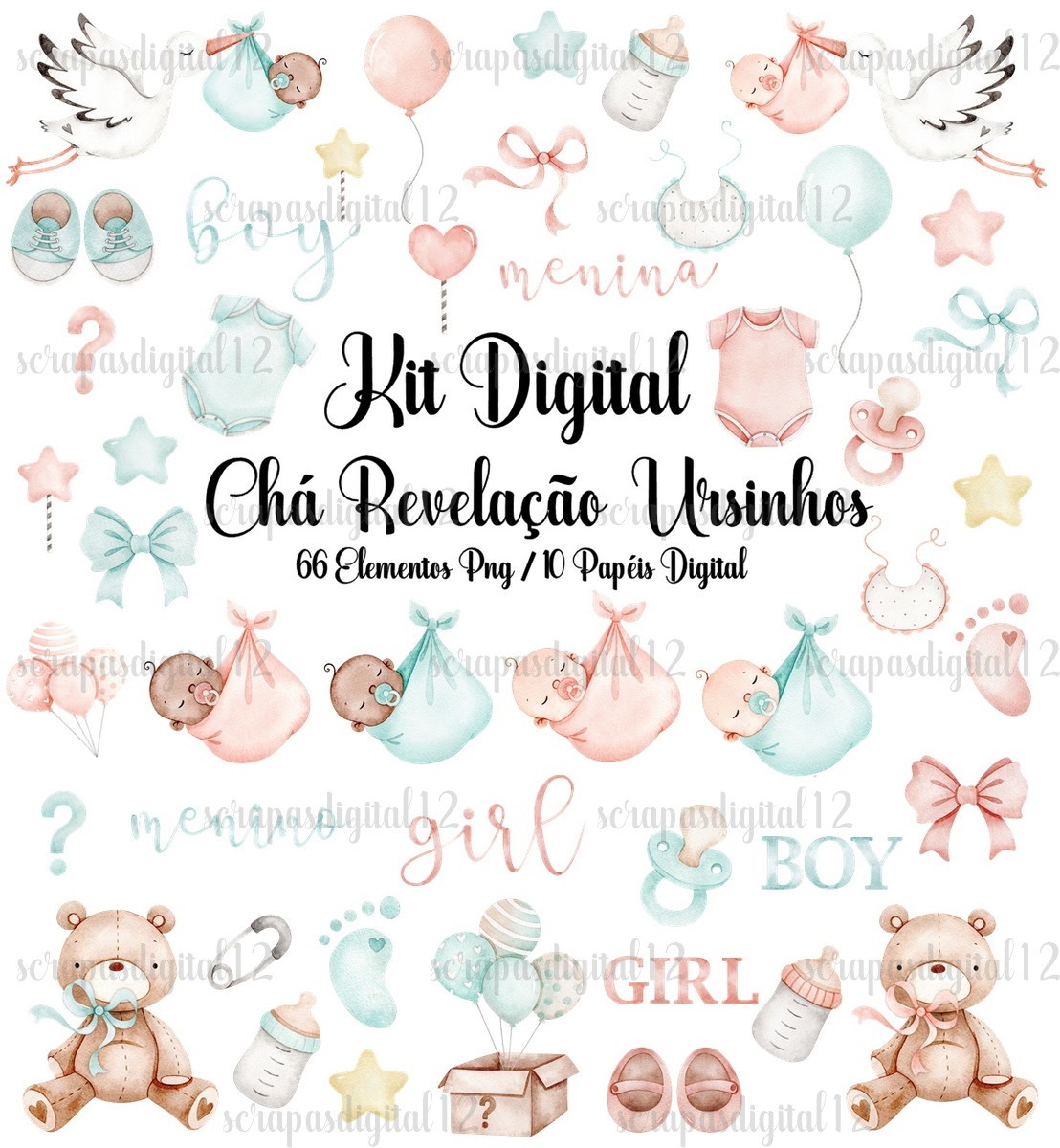 Kit Digital - Chá Revelação Ursinhos Aquarela 2