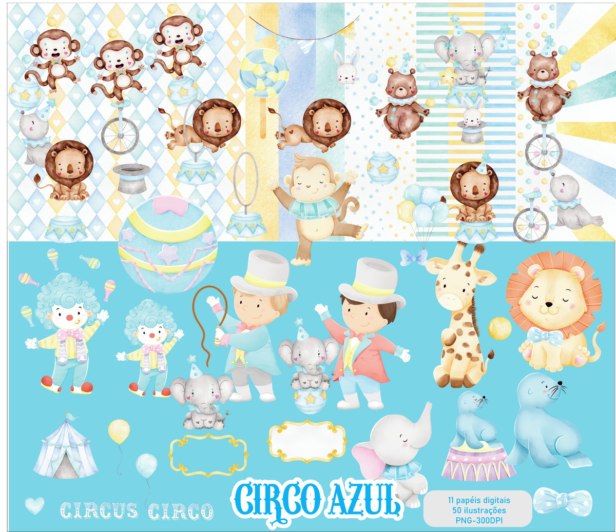 Kit Digital Circo Azul Aquarela