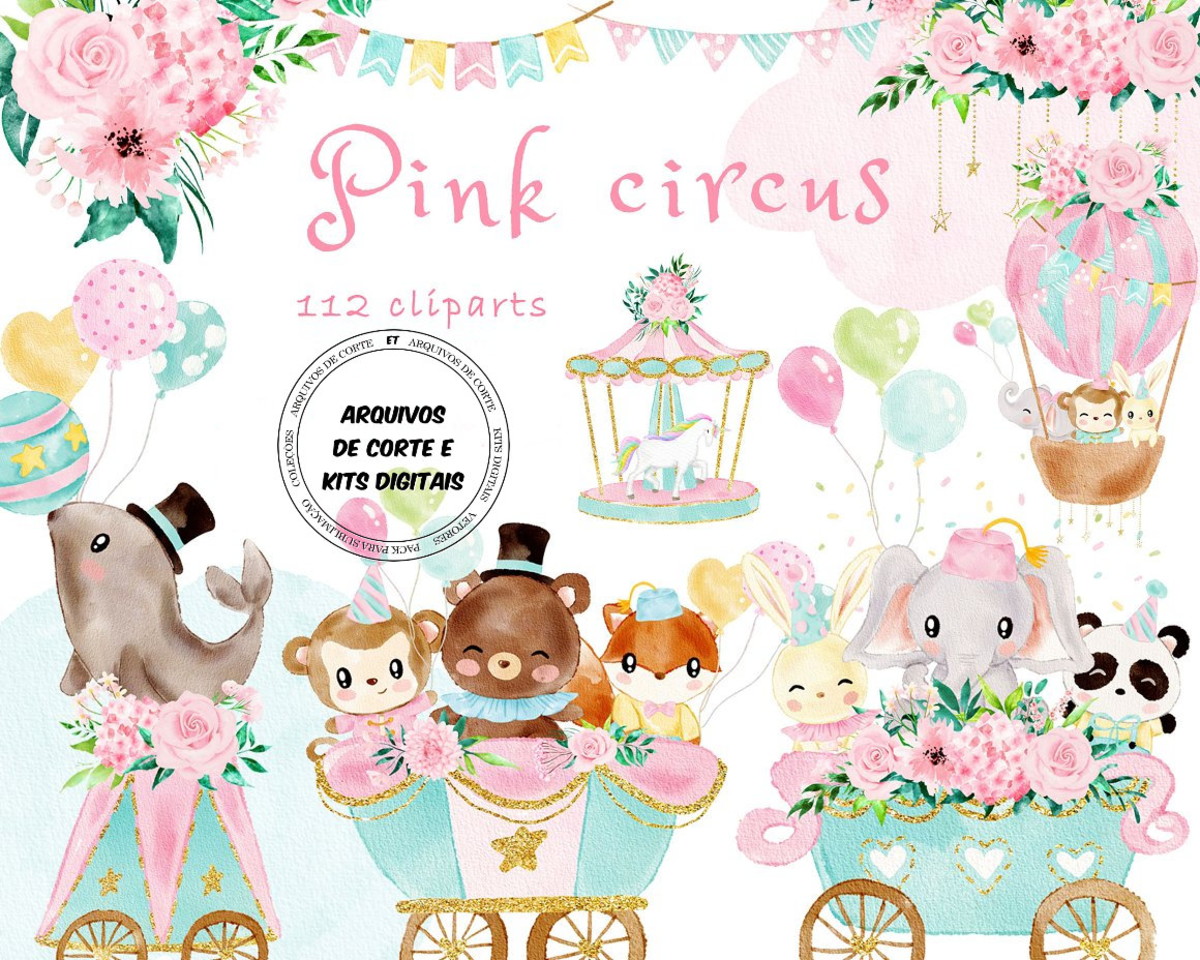 #006 Kit Digital Circo Rosa Aquarela