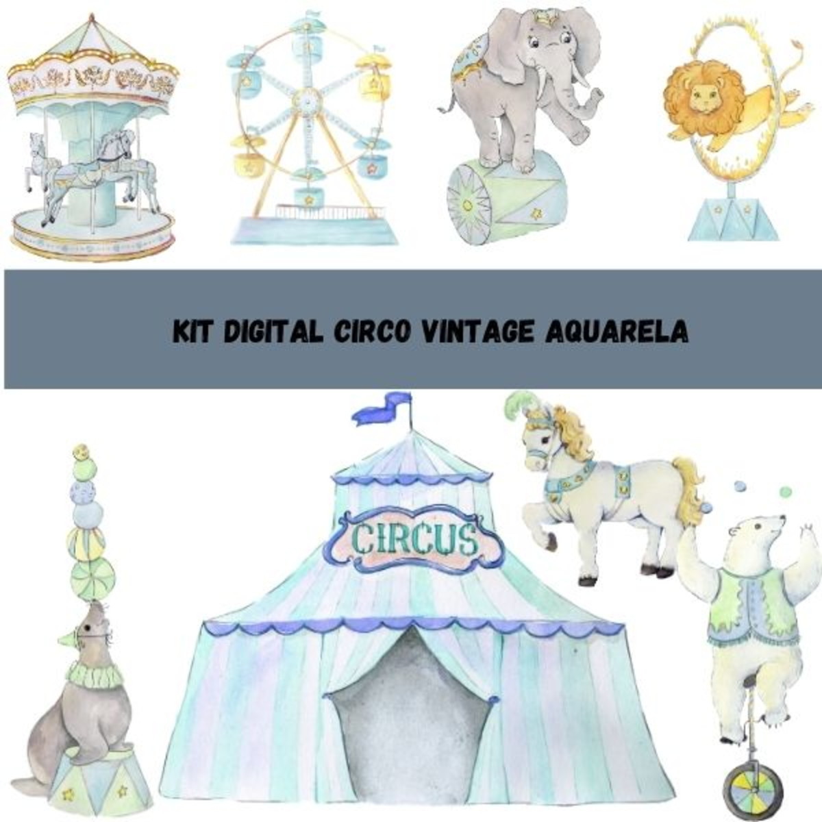 Kit Digital Circo Vintage Aquarela Rosa e Azul - Imagem 2