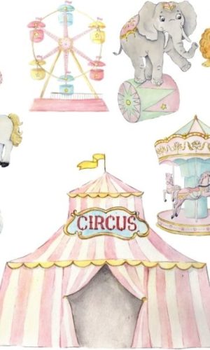 Kit Digital Circo Vintage Aquarela Rosa e Azul