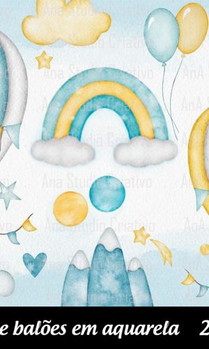Kit Digital Clipart Céu de Balões em Aquarela - 24 Pngs