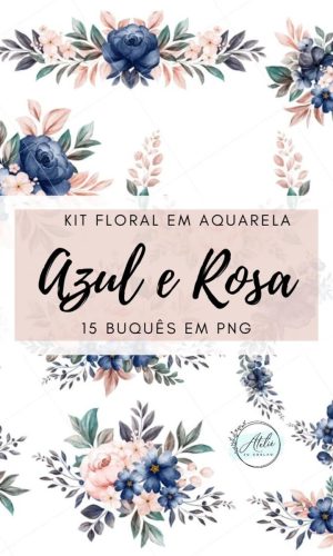 Kit Digital Clipart Floral Azul e Rosa