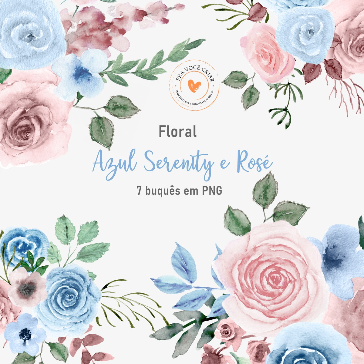 Kit Digital Clipart Floral Azul e Rose