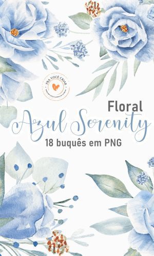 Kit Digital Clipart Floral Azul Serenity