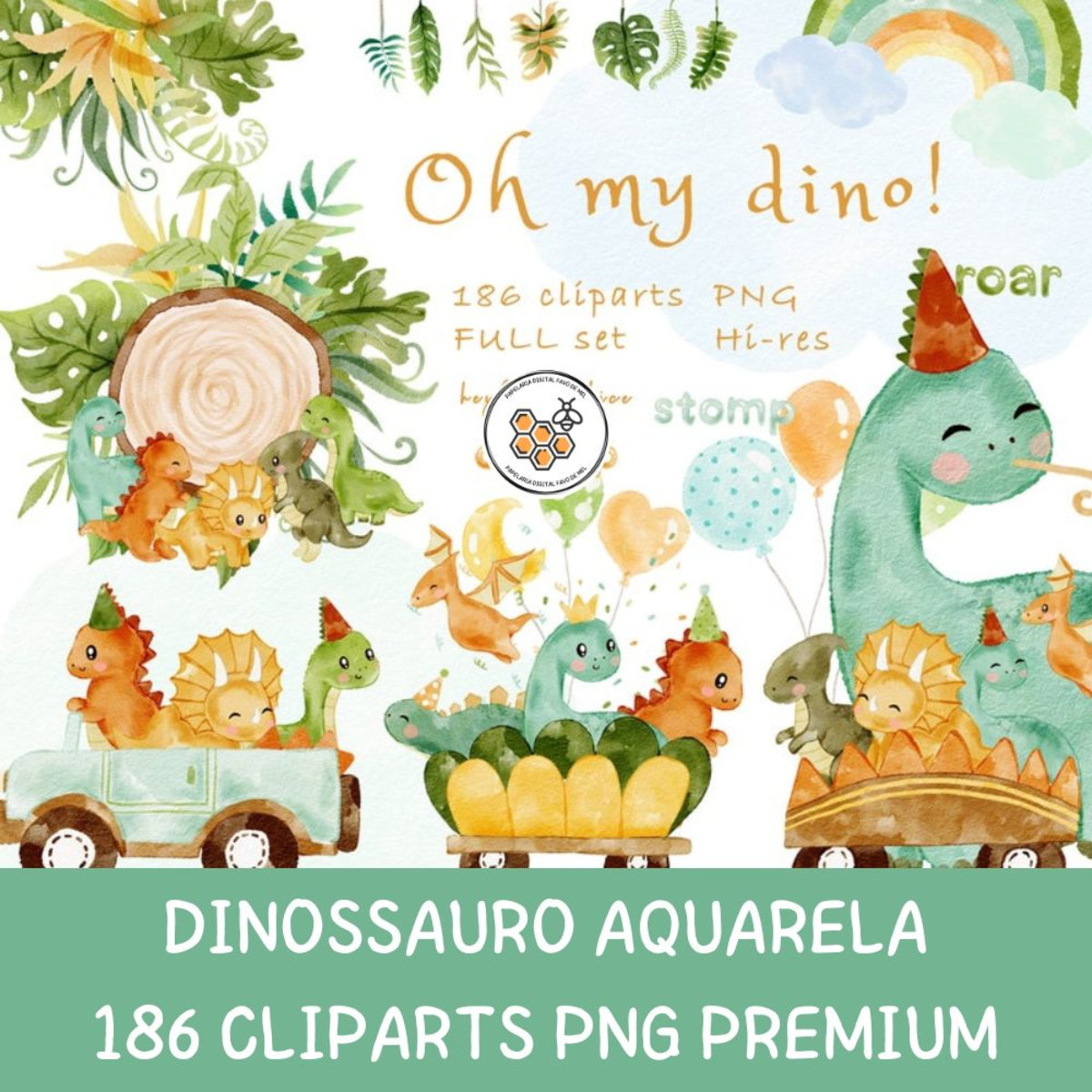 Kit Digital Dinossauro Aquarela Premium - Oh My Dino!