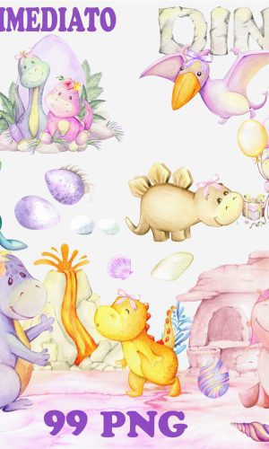 Kit Digital Dinossauro Menina Aquarela