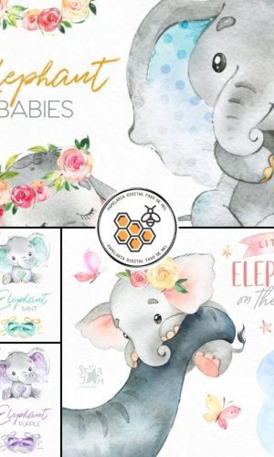 Combo Digital Elefantes Baby Aquarela - 10 Kits Digitais
