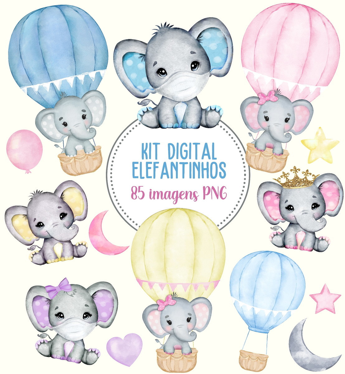 Kit Digital Elefantinhos Aquarela #983#
