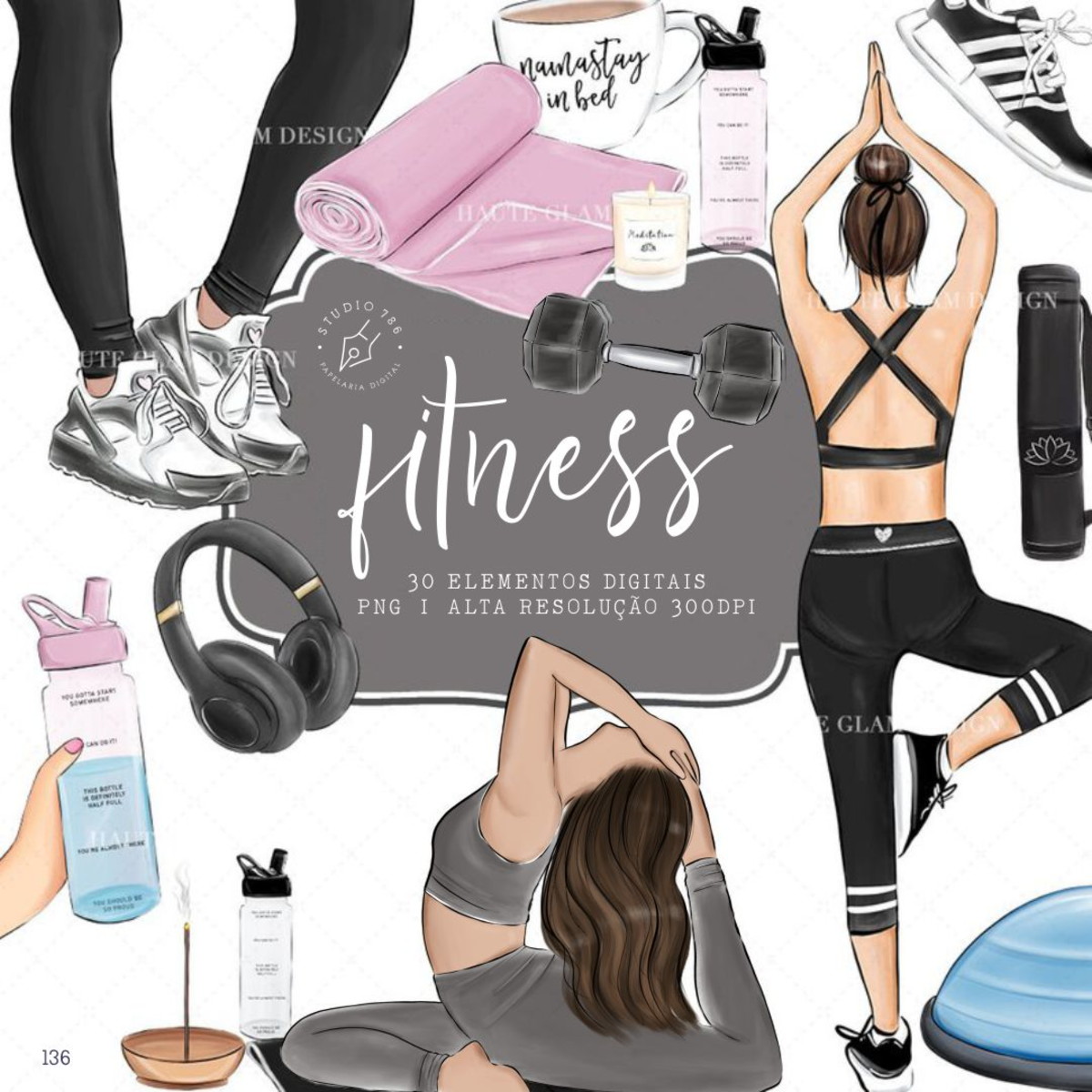 Kit Digital Fitness Treino Ioga Aquarela 30 PNG - Cód.136