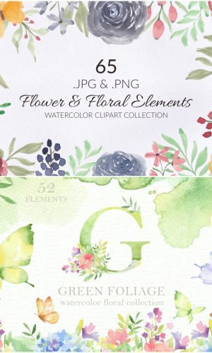 Kit Digital Floral Aquarela e Folhagem Verde Aquarela