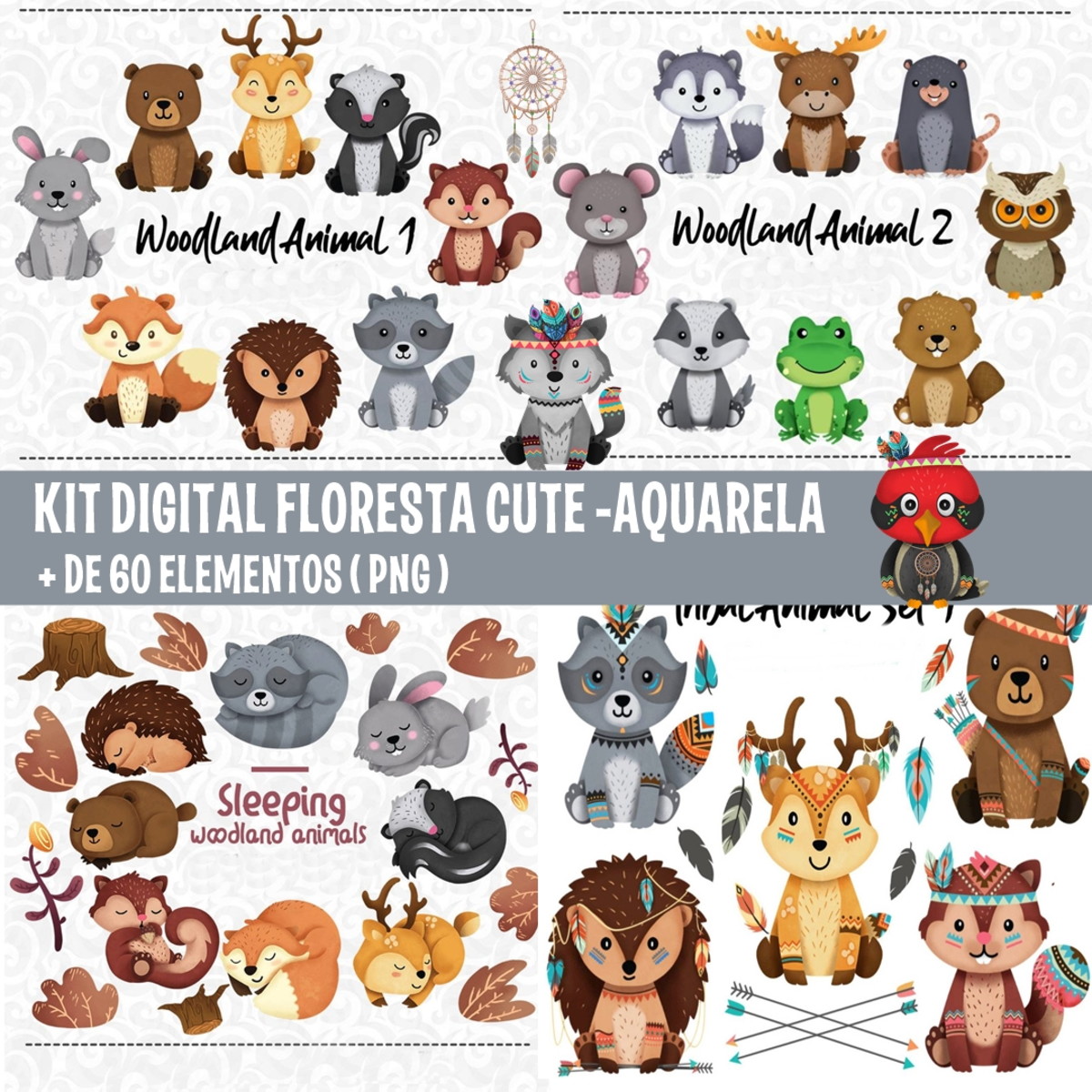 KIT DIGITAL FLORESTA AQUARELA CUTE