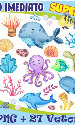 Kit Digital Fundo do Mar Aquarela + 27 Vetores