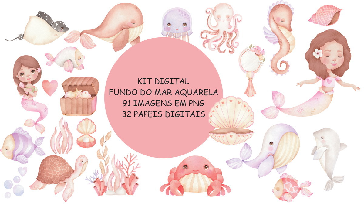 Kit Digital Fundo do Mar Rosa Aquarela