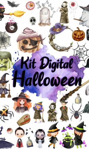 Kit Digital Halloween Dia das Bruxas Aquarela Png