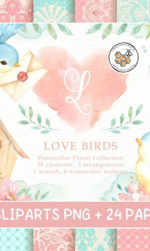 Kit Digital Jardim de Pássaros Aquarela - Love Birds
