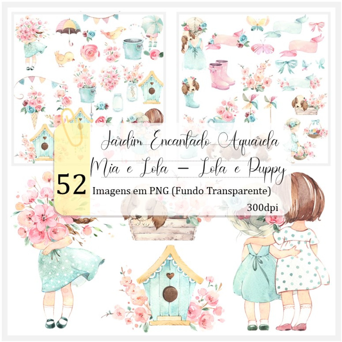 Kit Digital - Jardim Encantado Aquarela (Mia e Lola e Puppy)