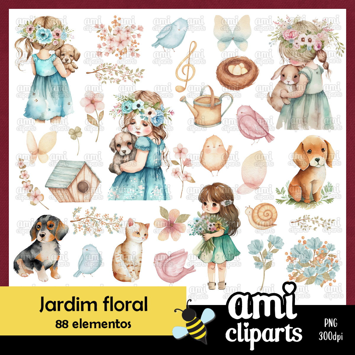 Kit Digital Jardim Floral Aquarela