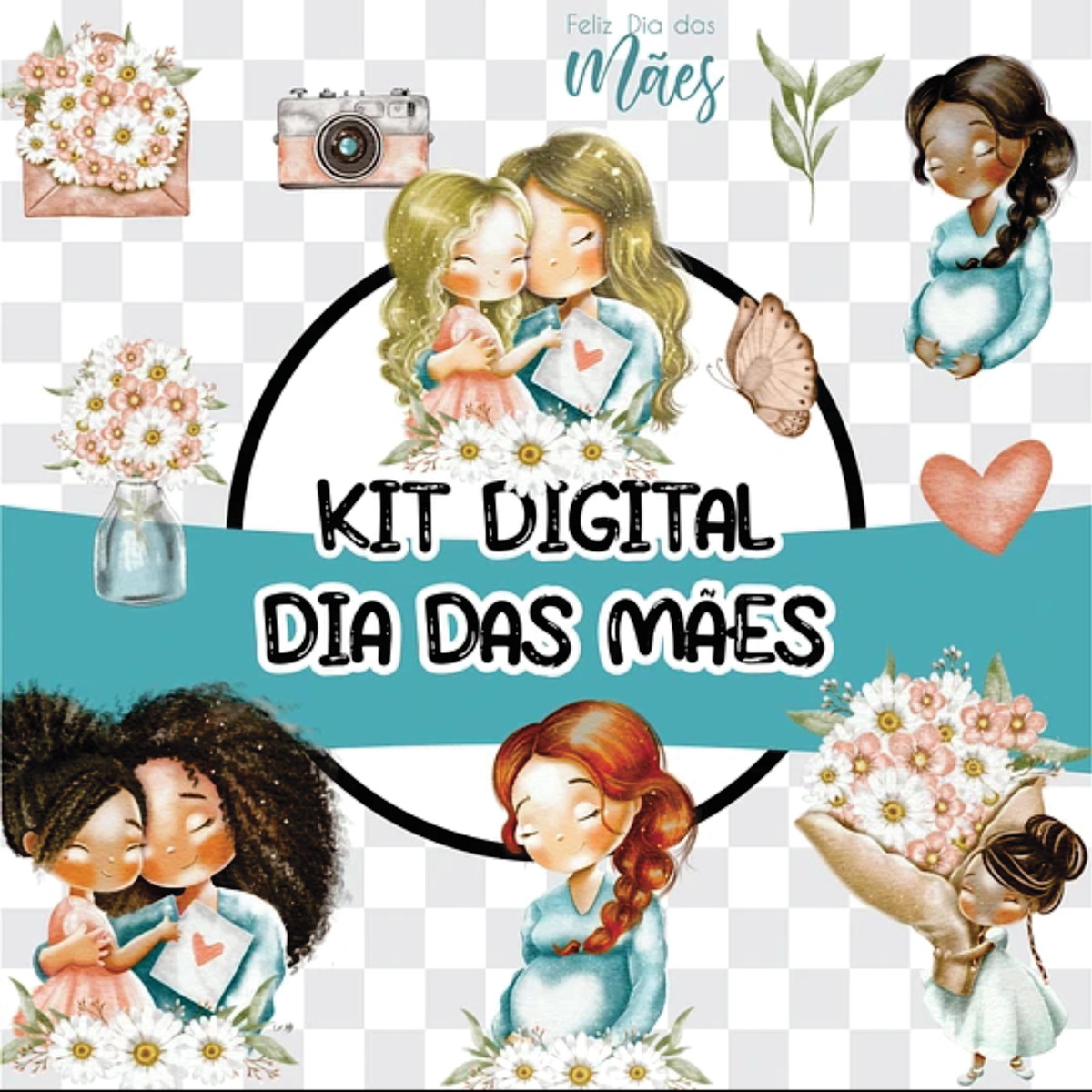 Kit Digital Mãe É Amor em Aquarela em Png