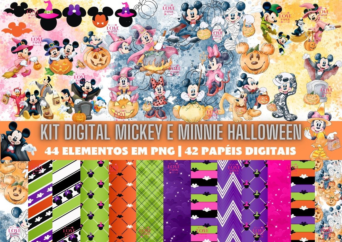 Kit Digital Mickey e Minnie Halloween Aquarela