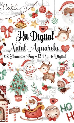 Kit Digital - Natal Aquarela - Versão Papai Noel Negro