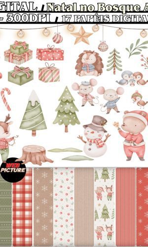 Kit Digital Natal no Bosque Aquarela