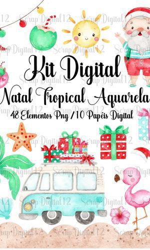 Kit Digital - Natal Tropical Aquarela