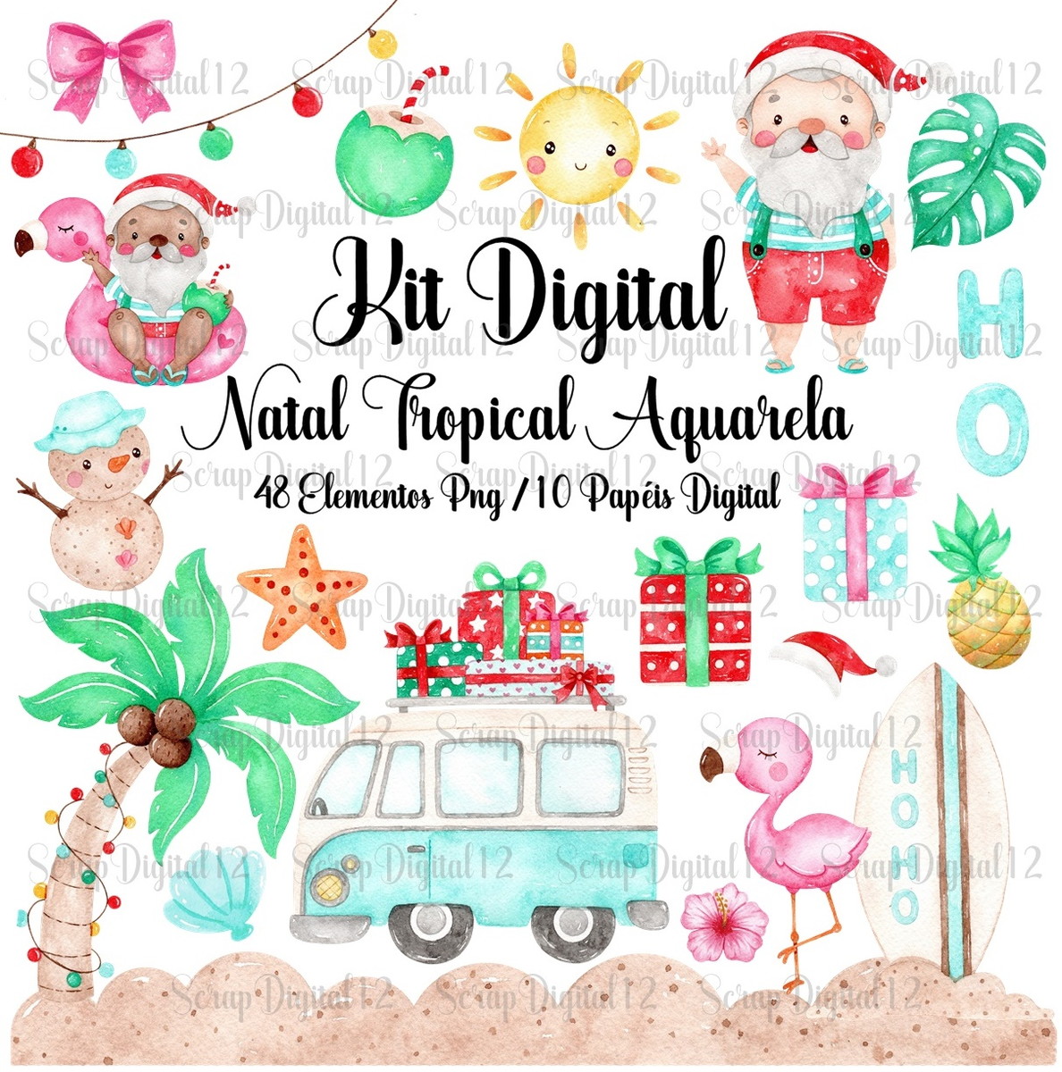 Kit Digital - Natal Tropical Aquarela
