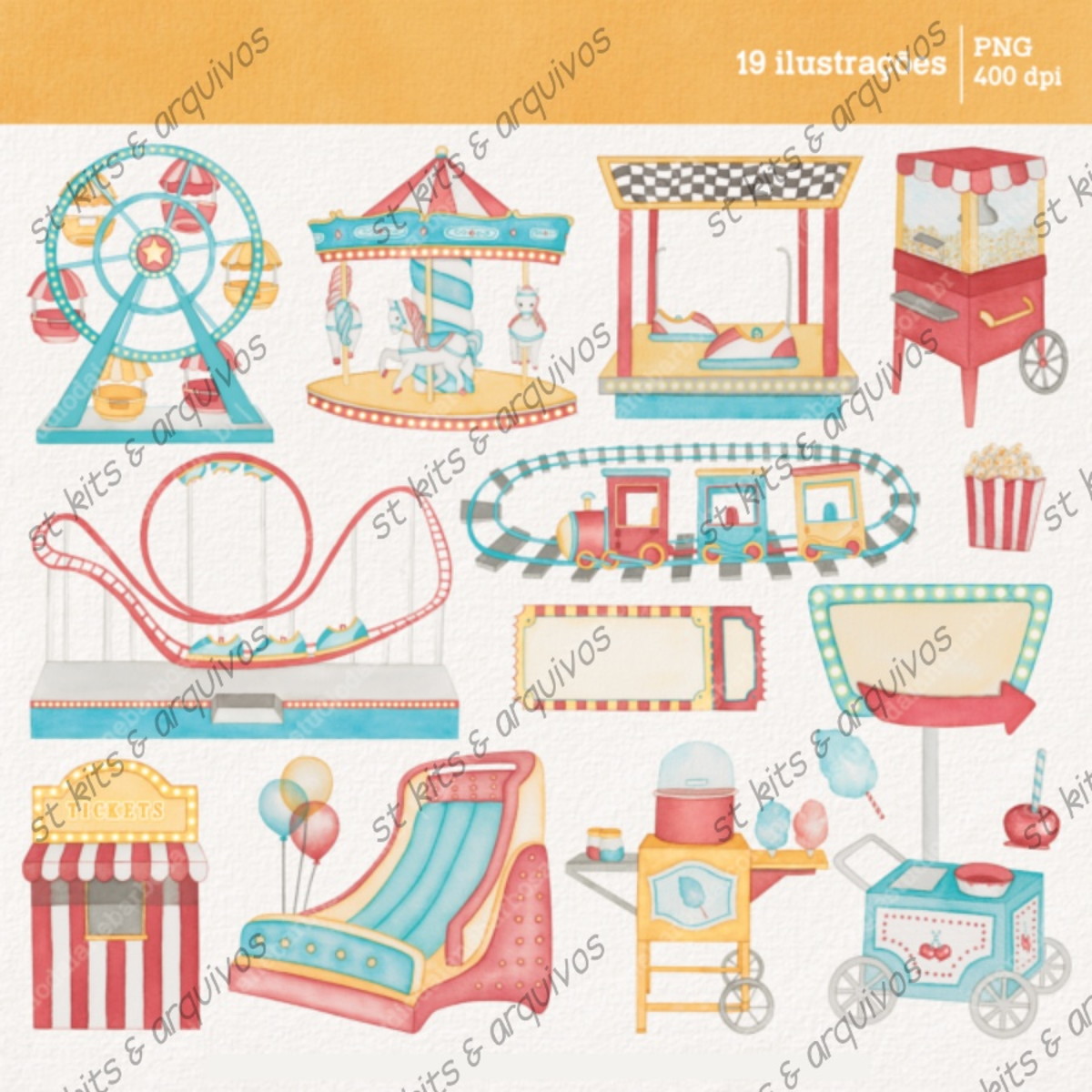 Kit Digital Parque De Diversões Em Aquarela - Imagem 2