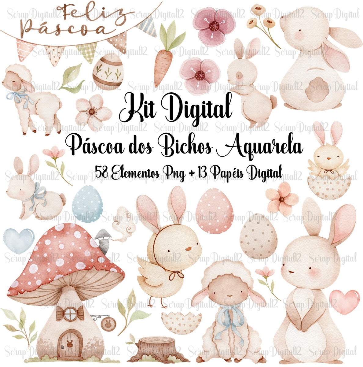 Kit Digital - Páscoa dos Bichos Aquarela