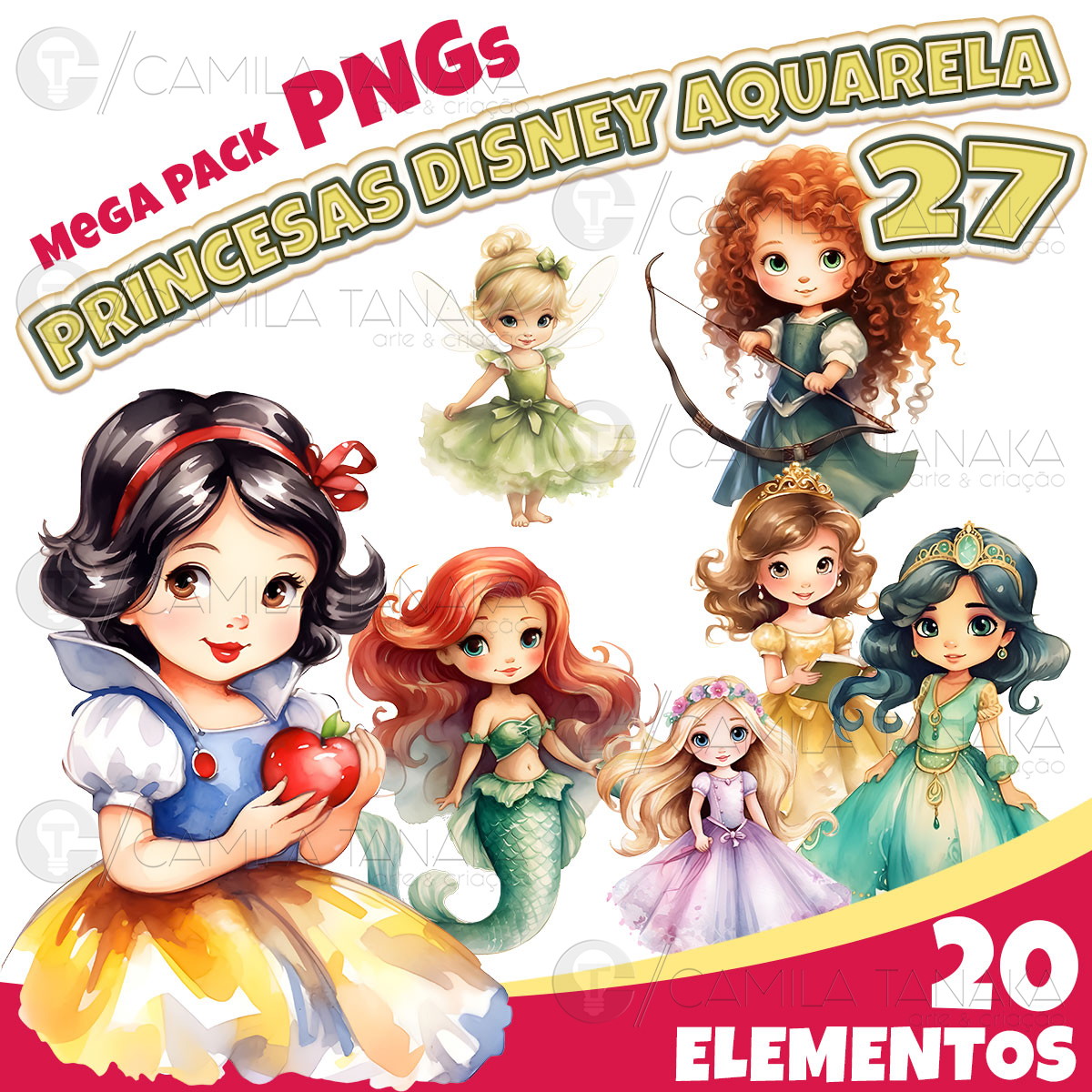Kit Digital Png Princesas Disney Aquarela 27(pague 1 Leve 3)